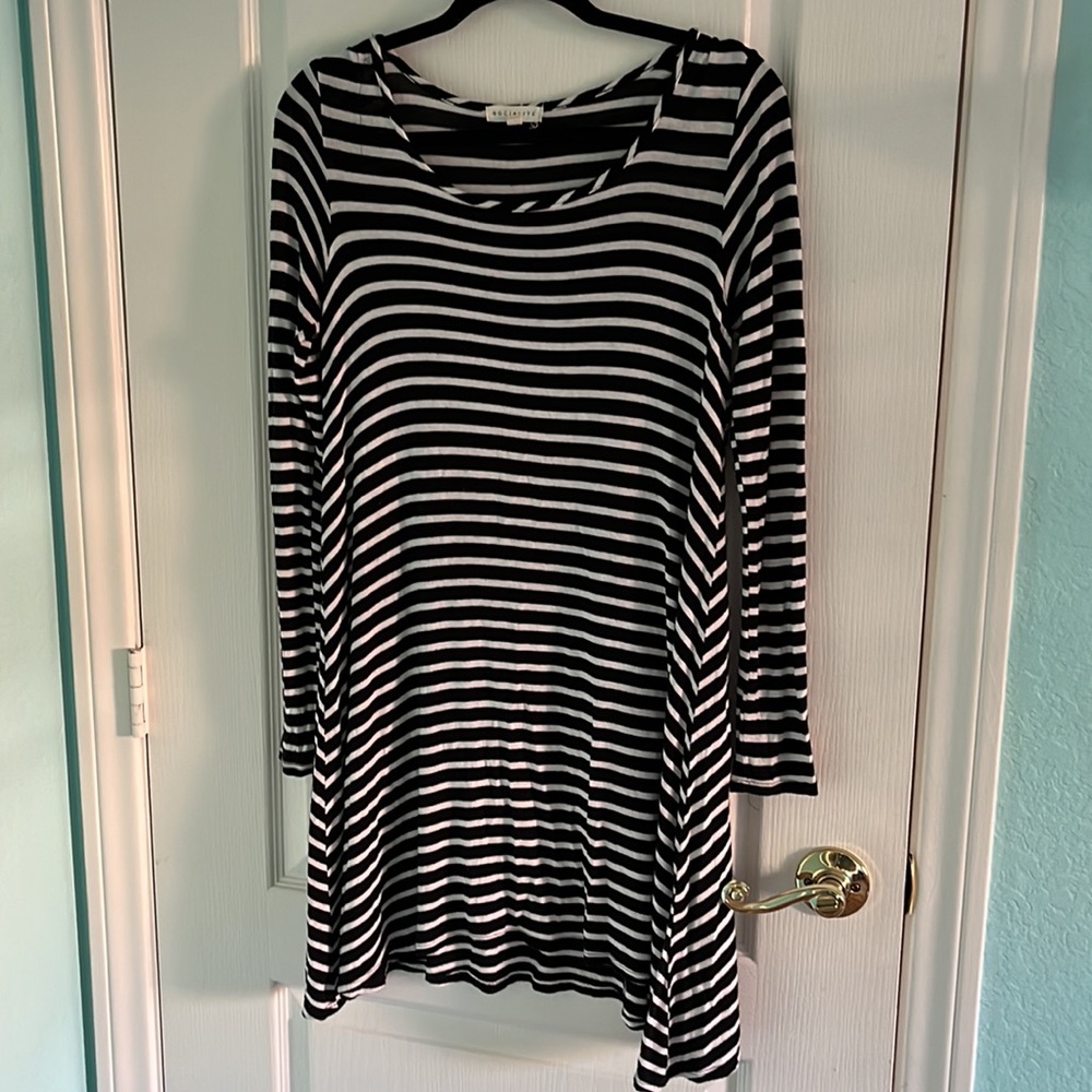 Socialite Black & White Horizontal Stripped Long Sleeve T-Shirt Dress